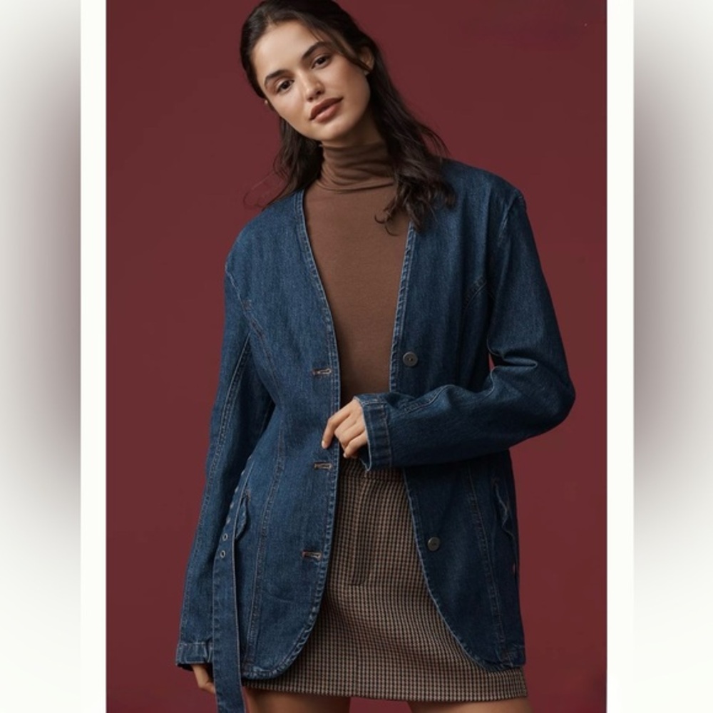 Anthropologie Blue Belted Denim Blazer Jacket